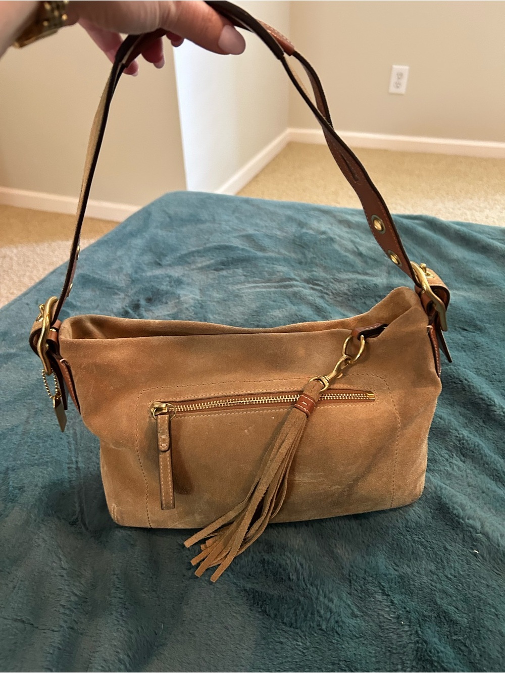 Coach Suede Tassel Shoulder Bag in Camel